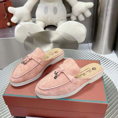 Loro Piana Men's/Unisex Babouche Charms Walk Loafers in Light Pink Suede, displayed on a box.