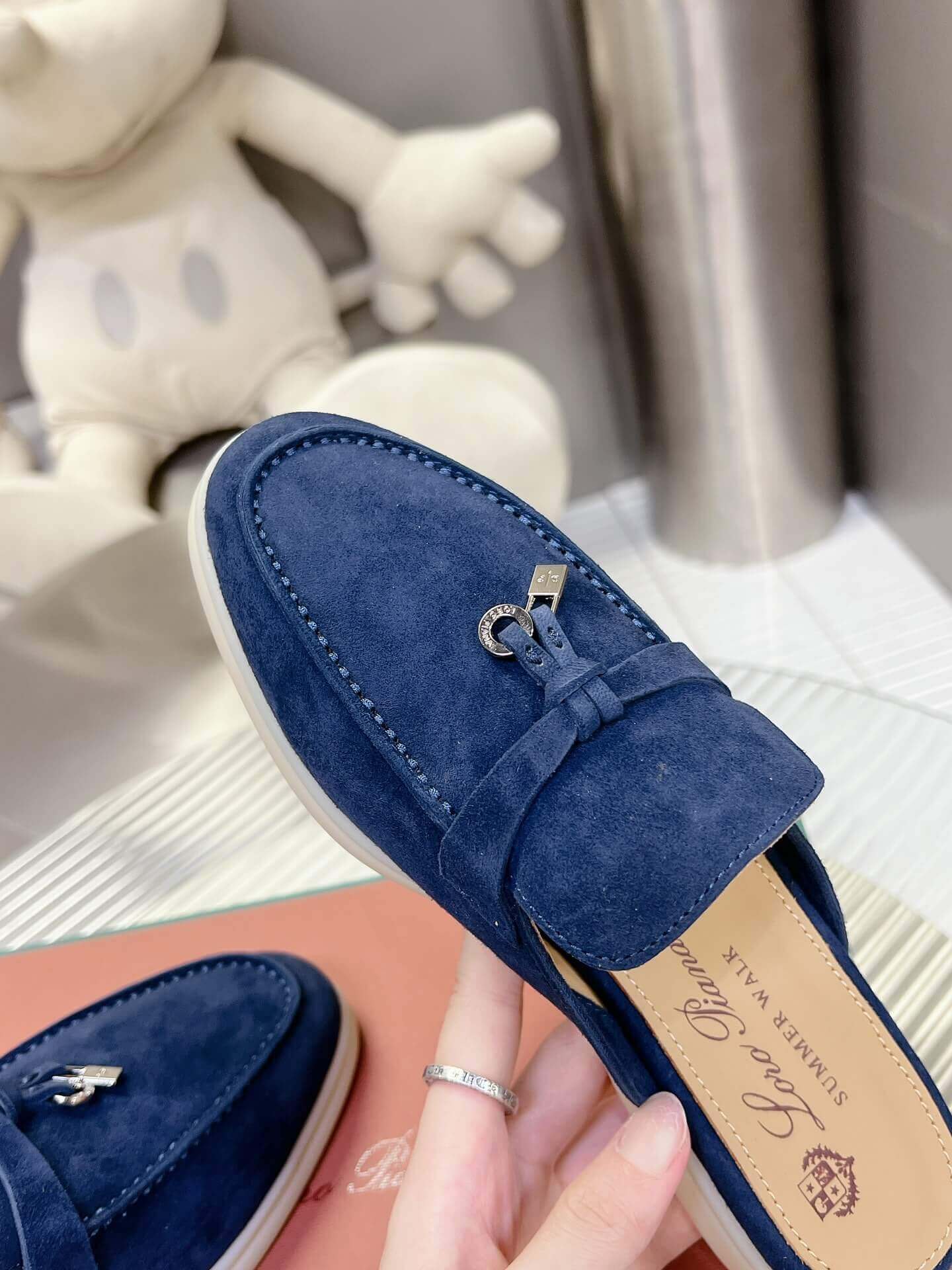 Loro Piana Men's/Unisex Babouche Charms Walk Loafers in Navy Blue Suede, displayed on a box.