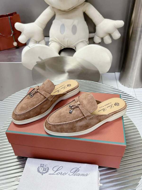 Loro Piana Men's/Unisex Babouche Charms Walk Loafers in Tan Suede, displayed on a box.