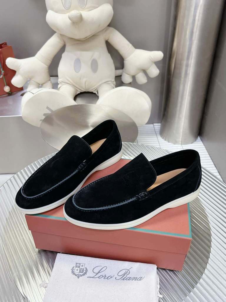 Loro Piana Men's/Unisex Summer Walk Loafers in Black Suede, displayed on a box