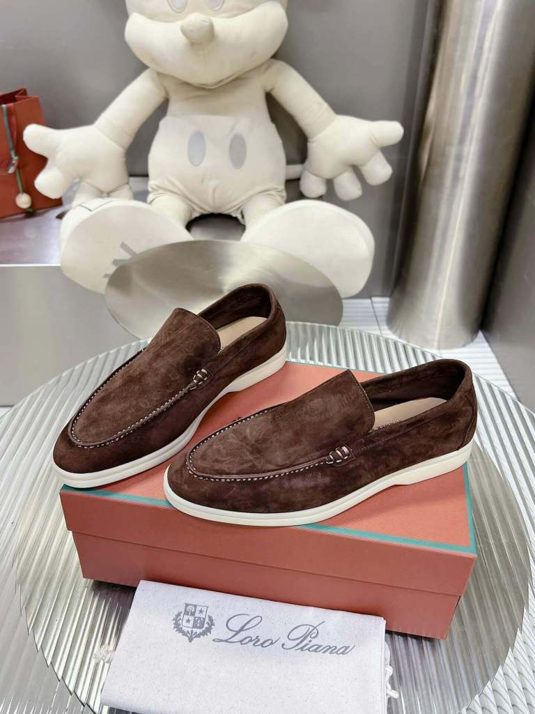 Loro Piana Men's/Unisex Summer Walk Loafers in Dark Brown Suede, displayed on a box