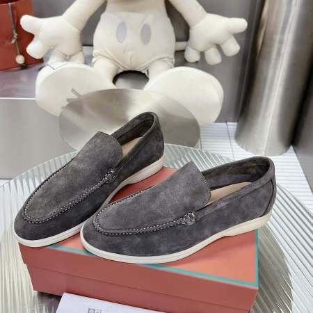 Loro Piana Men's/Unisex Summer Walk Loafers in Dark Grey Suede, displayed on a box