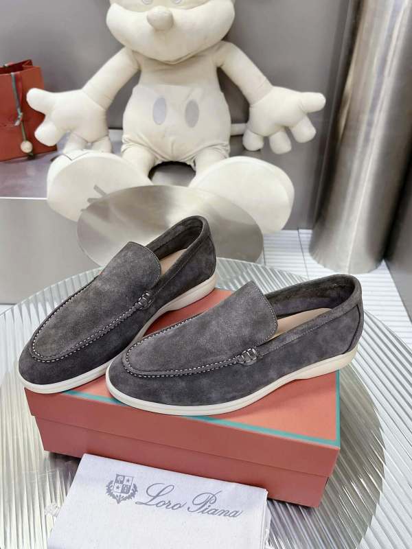 Loro Piana Men's/Unisex Summer Walk Loafers in Dark Grey Suede, displayed on a box