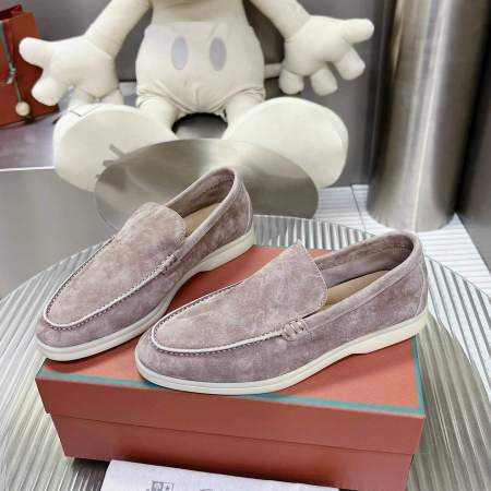 Loro Piana Men's/Unisex Summer Walk Loafers in Grey/Taupe Suede, displayed on a box