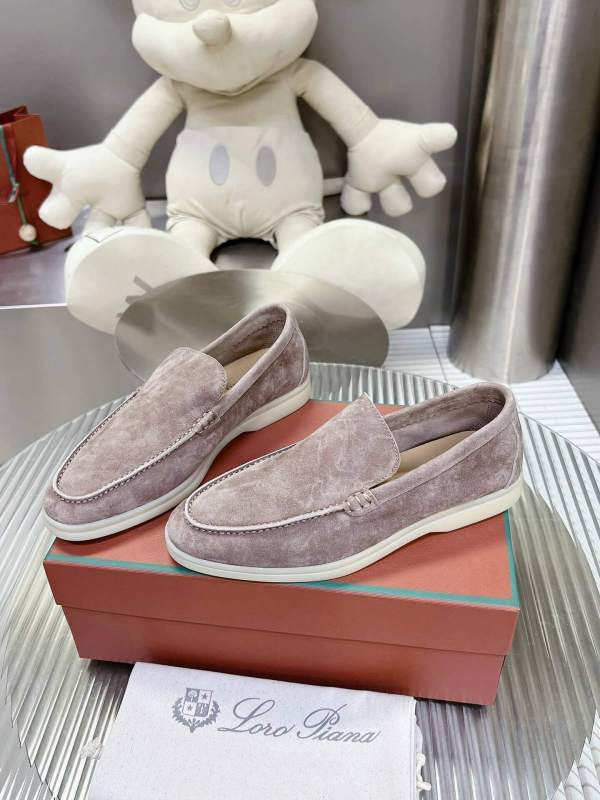 Loro Piana Men's/Unisex Summer Walk Loafers in Grey/Taupe Suede, displayed on a box