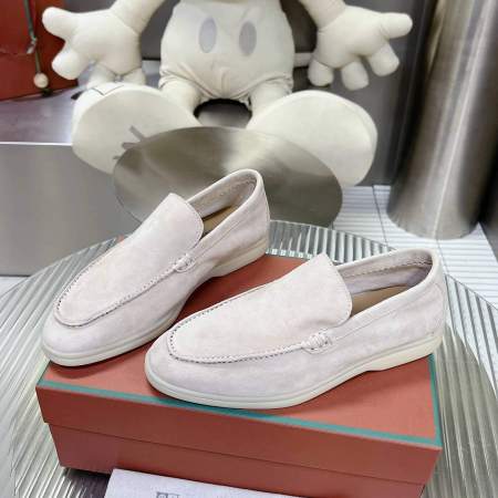 Loro Piana Men's/Unisex Summer Walk Loafers in Light Pink/Off-White Suede, displayed on a box