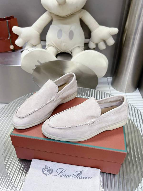Loro Piana Men's/Unisex Summer Walk Loafers in Light Pink/Off-White Suede, displayed on a box