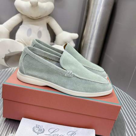 Loro Piana Men's/Unisex Summer Walk Loafers in Mint Green Suede, displayed on a box