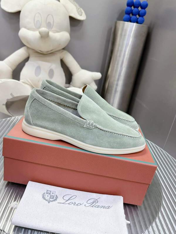 Loro Piana Men's/Unisex Summer Walk Loafers in Mint Green Suede, displayed on a box