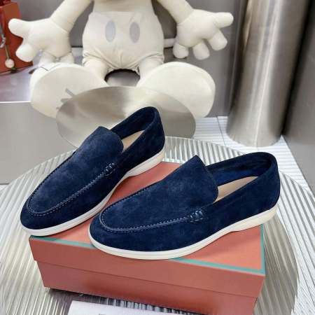 Loro Piana Men's/Unisex Summer Walk Loafers in Navy Blue Suede, displayed on a box