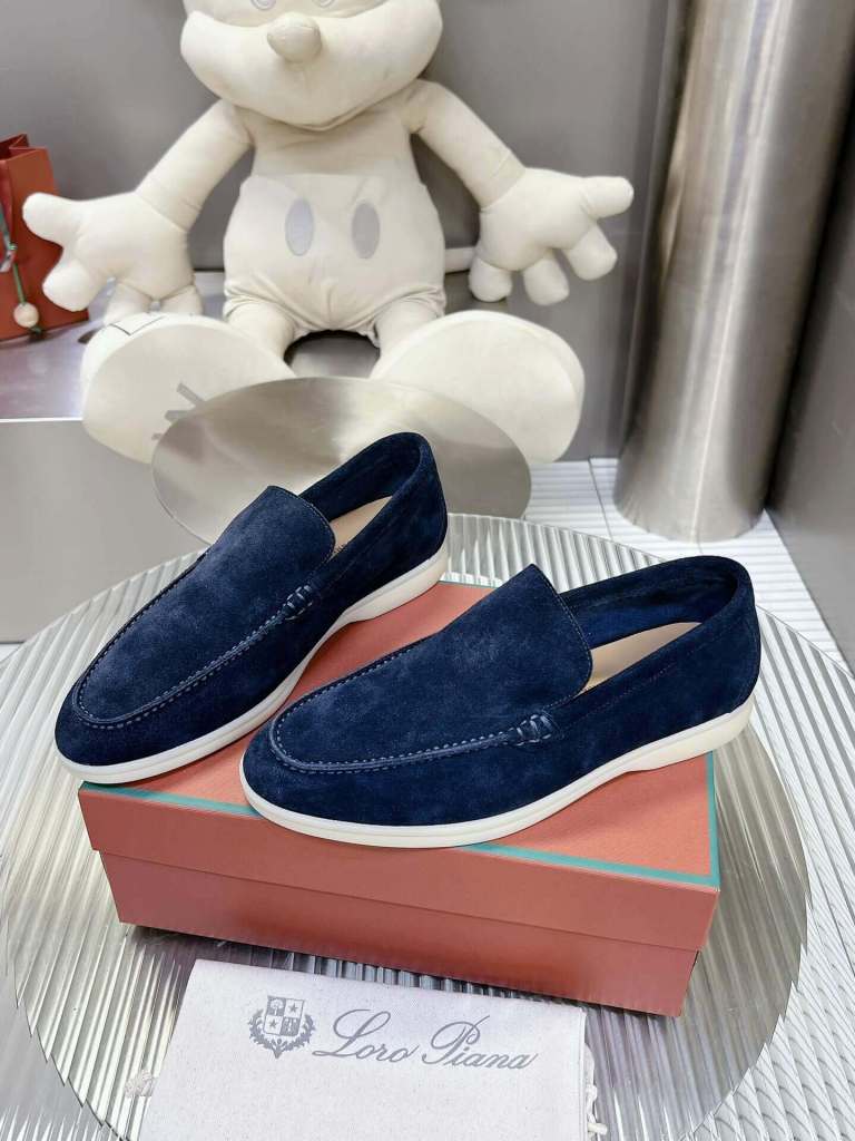 Loro Piana Men's/Unisex Summer Walk Loafers in Navy Blue Suede, displayed on a box
