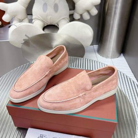 Loro Piana Men's/Unisex Summer Walk Loafers in Pink Blush Suede, displayed on a box