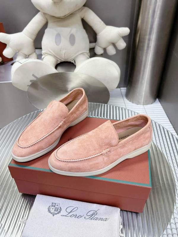 Loro Piana Men's/Unisex Summer Walk Loafers in Pink Blush Suede, displayed on a box