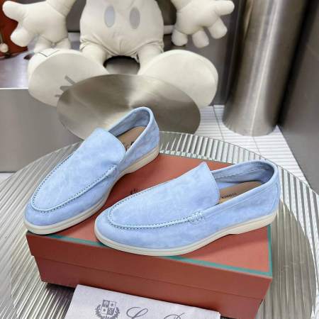Loro Piana Men's/Unisex Summer Walk Loafers in Sky Blue Suede, displayed on a box