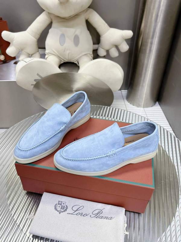 Loro Piana Men's/Unisex Summer Walk Loafers in Sky Blue Suede, displayed on a box
