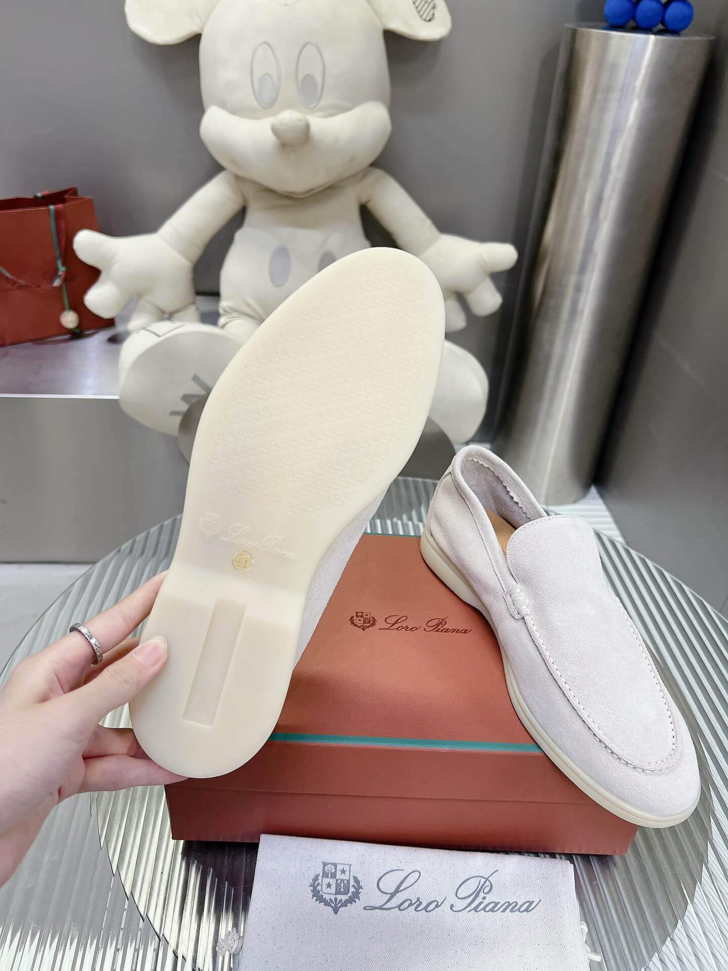 Loro Piana Men's/Unisex Summer Walk Loafers in White Suede, displayed on a box