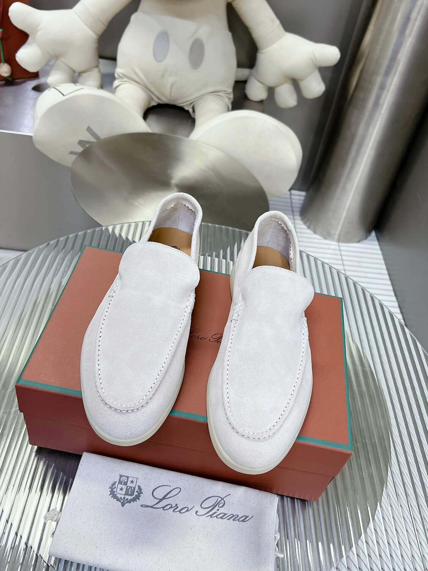 Loro Piana Men's/Unisex Summer Walk Loafers in White Suede, displayed on a box