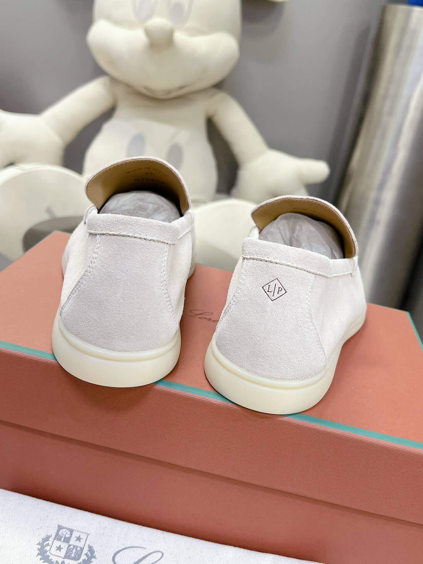 Loro Piana Men's/Unisex Summer Walk Loafers in White Suede, displayed on a box