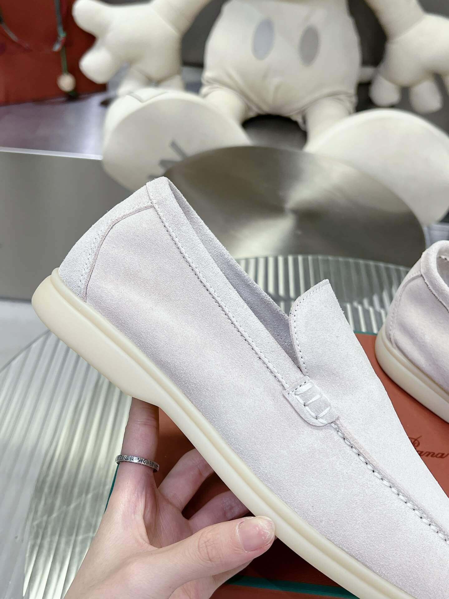 Loro Piana Men's/Unisex Summer Walk Loafers in White Suede, displayed on a box