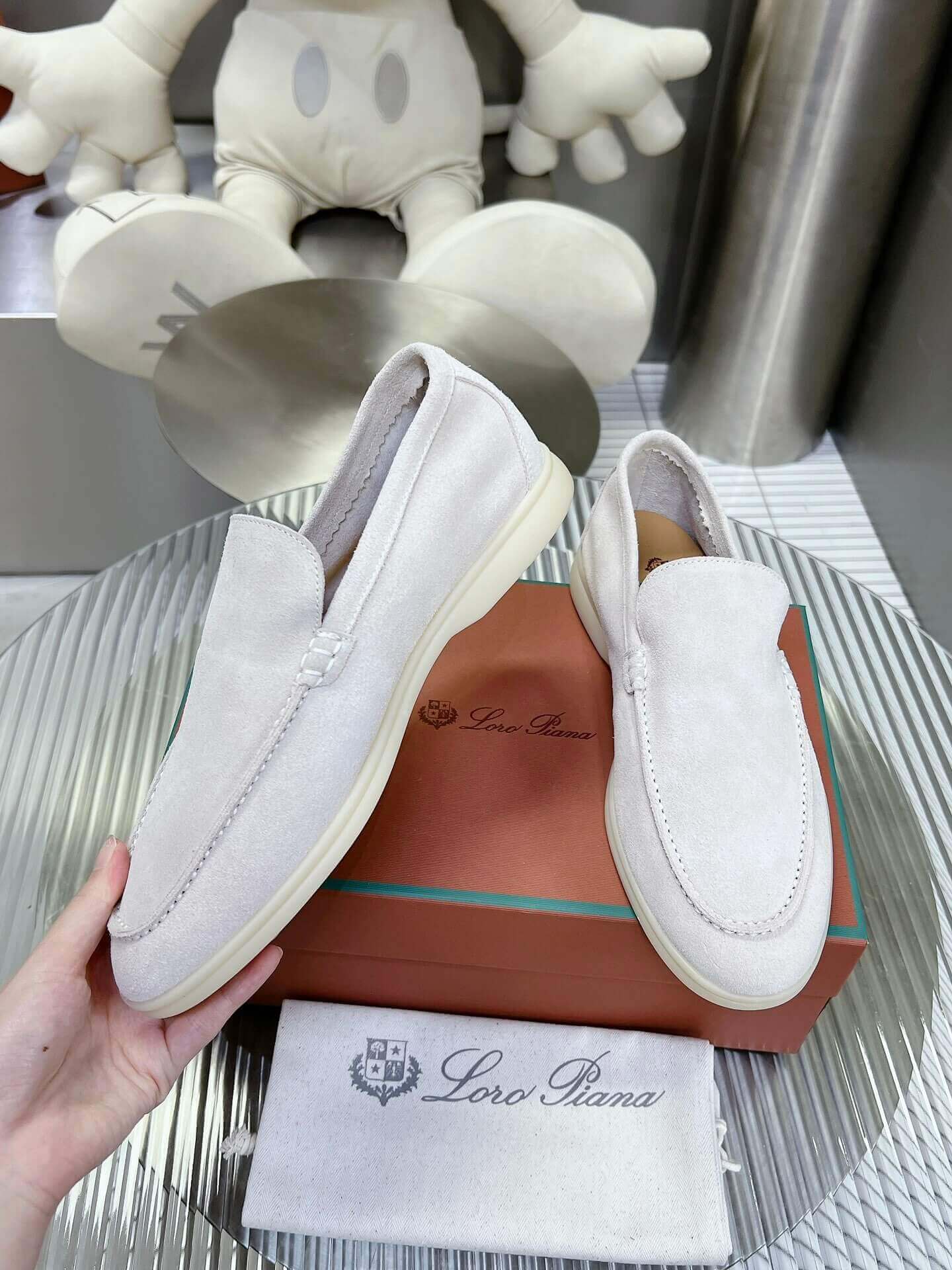 Loro Piana Men's/Unisex Summer Walk Loafers in White Suede, displayed on a box