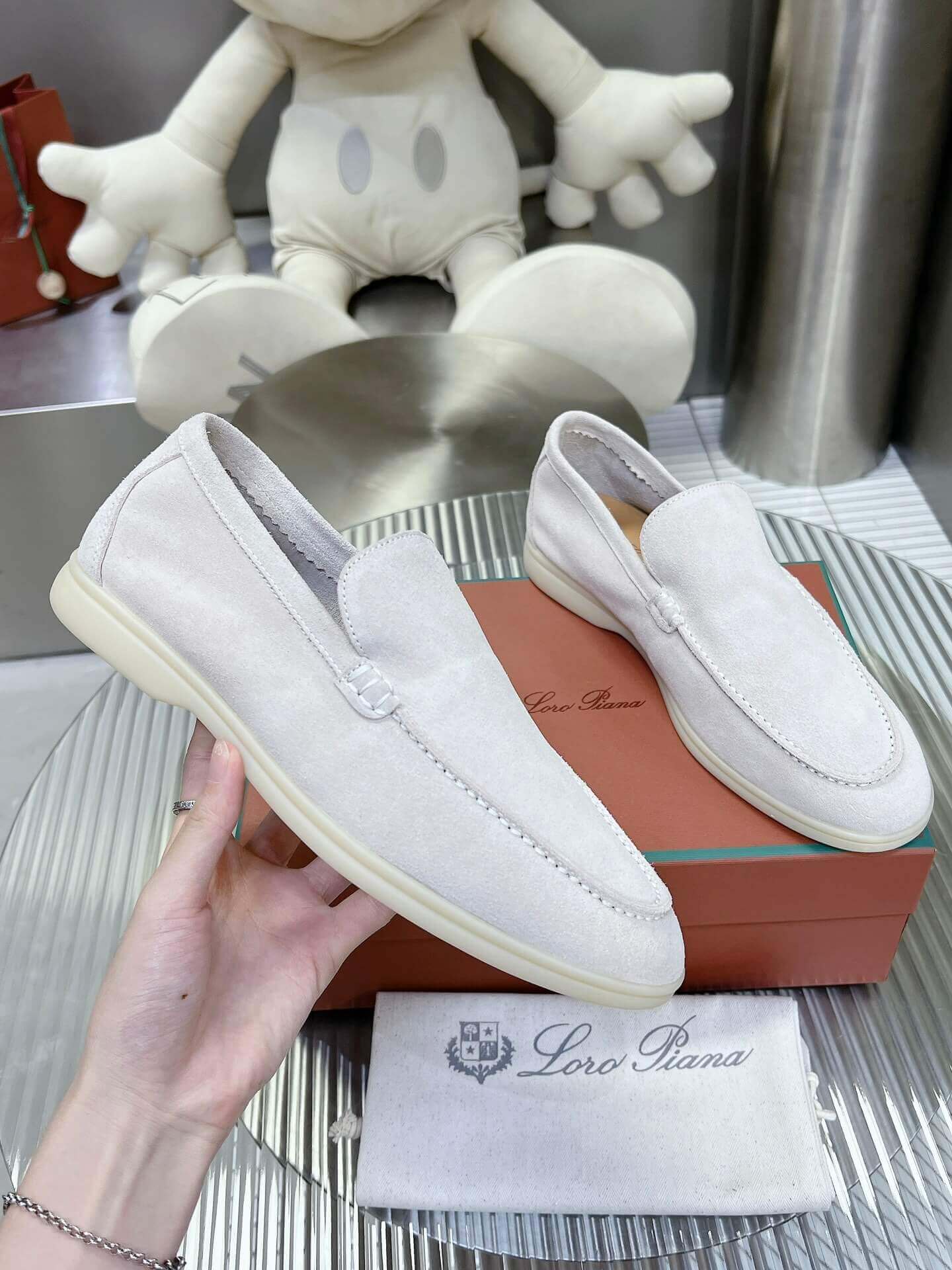 Loro Piana Men's/Unisex Summer Walk Loafers in White Suede, displayed on a box
