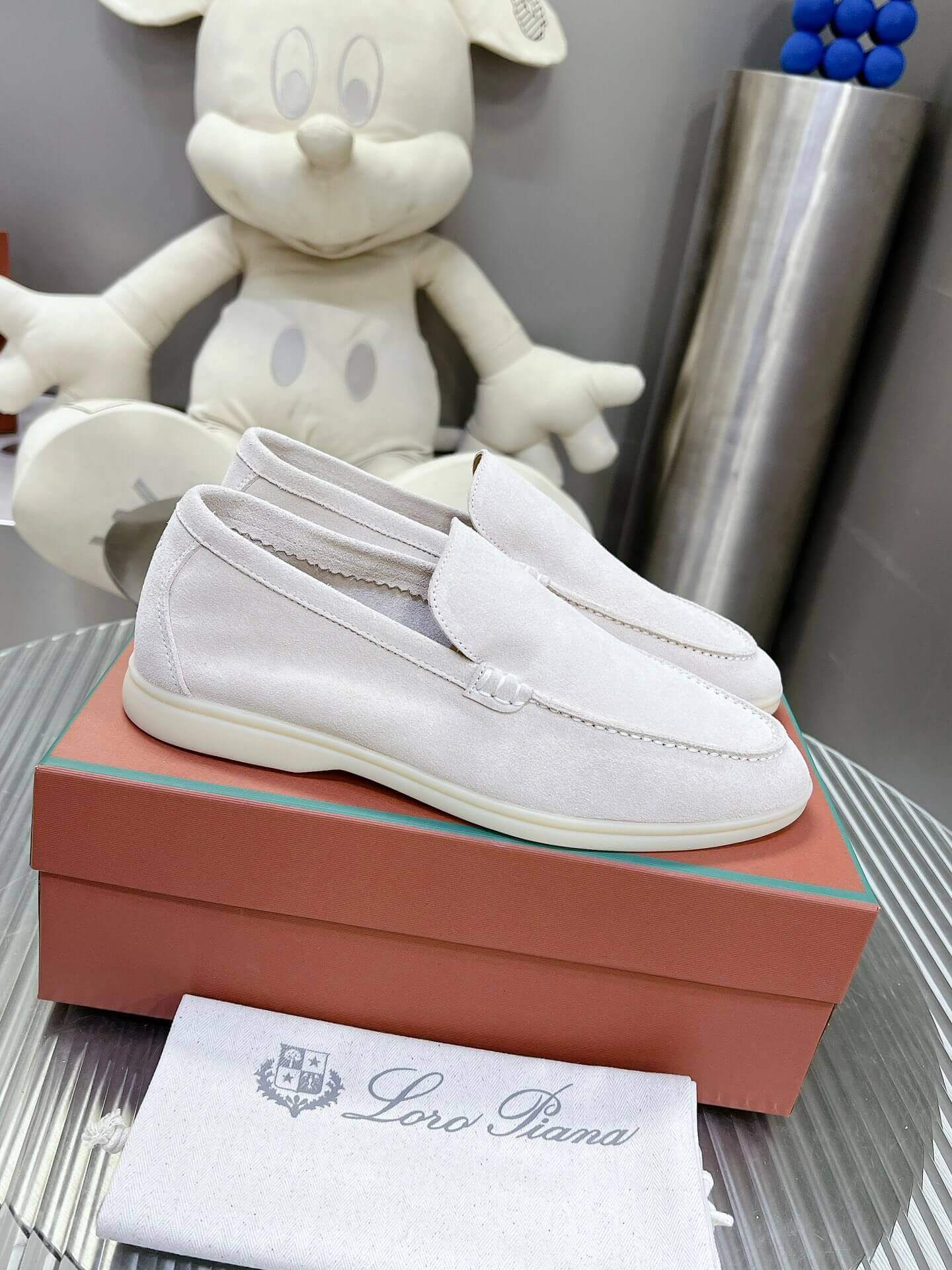 Loro Piana Men's/Unisex Summer Walk Loafers in White Suede, displayed on a box