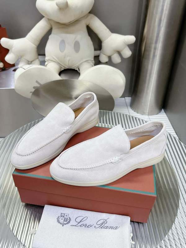 Loro Piana Men's/Unisex Summer Walk Loafers in White Suede, displayed on a box