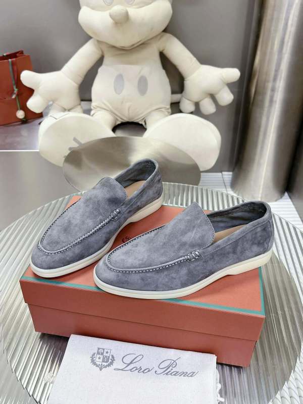 Loro Piana Men's/Unisex Summer Walk leather Loafers in Slate Blue Suede, displayed on a box