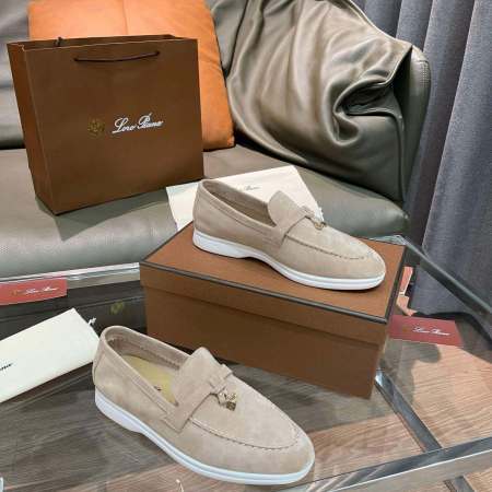 Loro Piana Unisex Summer Charms Walk Loafers - Beige Suede with white soles, displayed with packaging