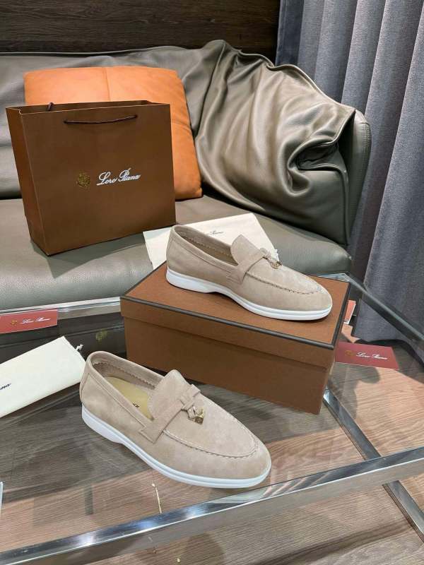 Loro Piana Unisex Summer Charms Walk Loafers - Beige Suede with white soles, displayed with packaging