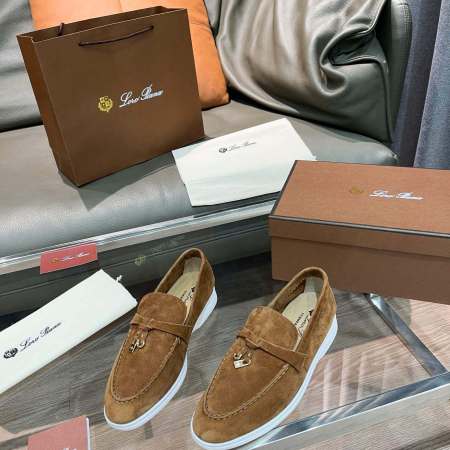 Loro Piana Unisex Summer Charms Walk Loafers - Brown Suede with white soles, displayed with packaging