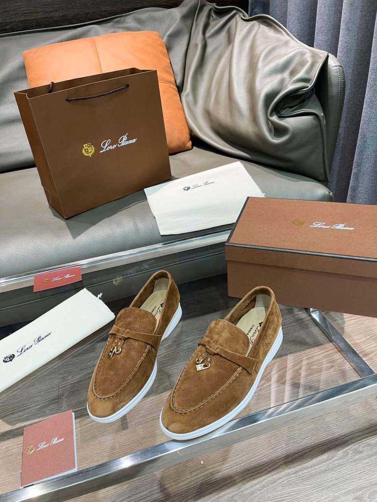Loro Piana Unisex Summer Charms Walk Loafers - Brown Suede with white soles, displayed with packaging