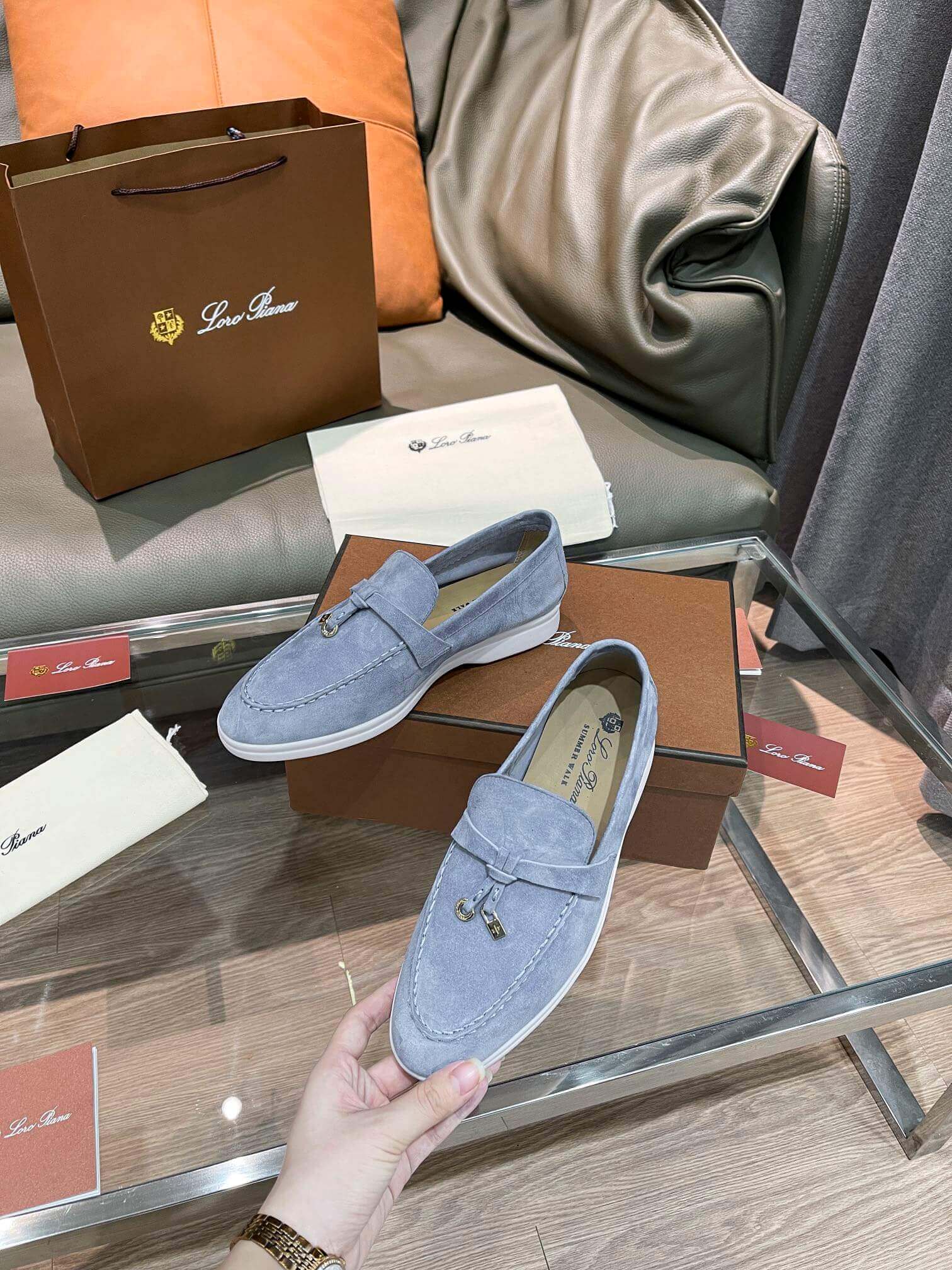 Loro Piana Unisex Summer Charms Walk Loafers - Light Grey/Blue Suede with white soles, displayed with packaging