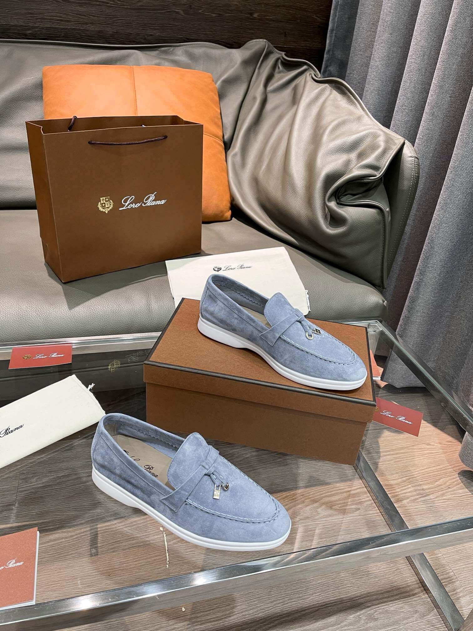 Loro Piana Unisex Summer Charms Walk Loafers - Light Grey/Blue Suede with white soles, displayed with packaging