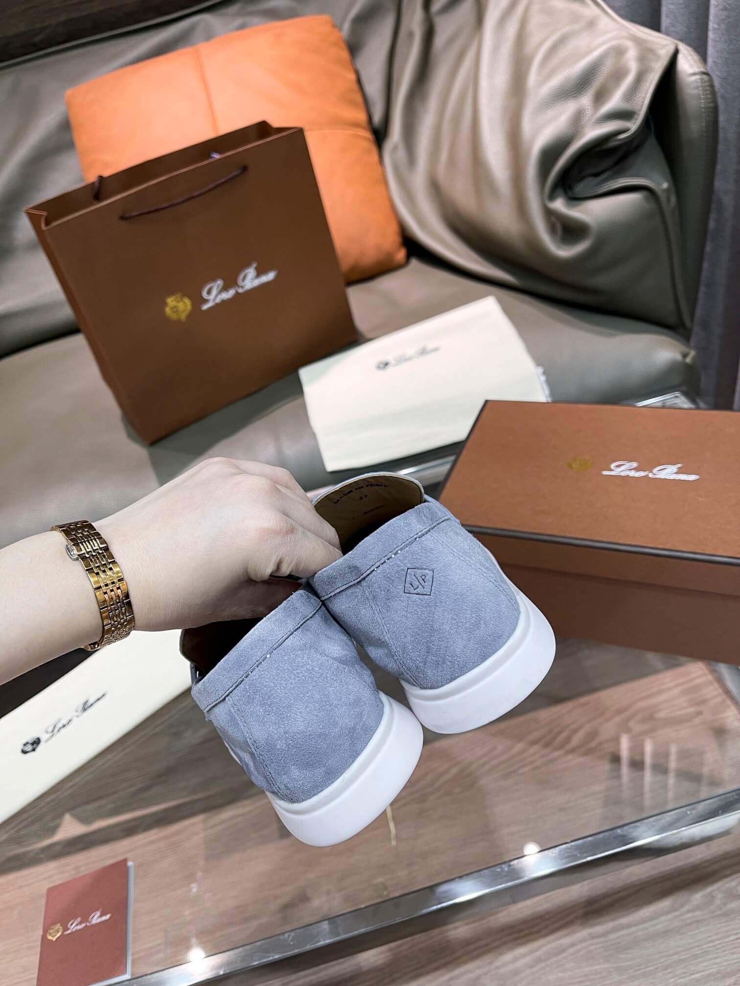 Loro Piana Unisex Summer Charms Walk Loafers - Light Grey/Blue Suede with white soles, displayed with packaging