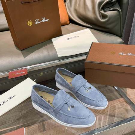 Loro Piana Unisex Summer Charms Walk Loafers - Light Grey/Blue Suede with white soles, displayed with packaging