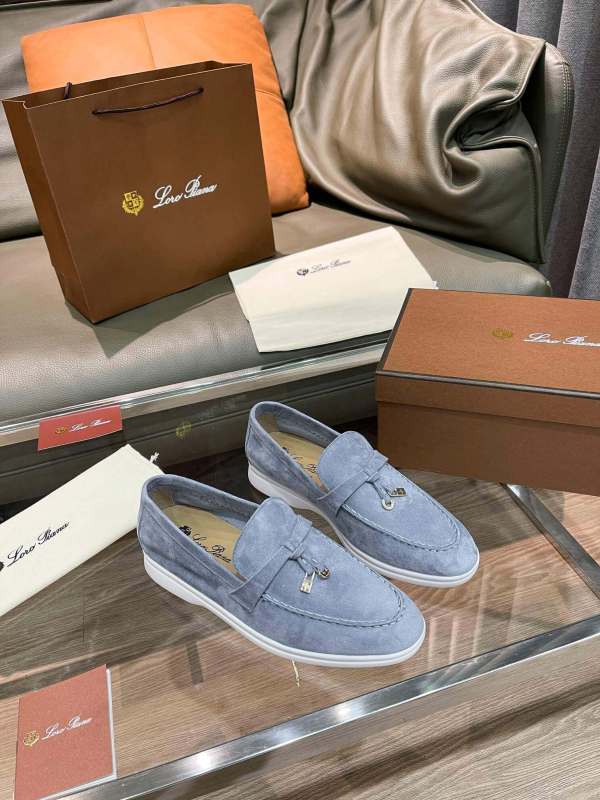 Loro Piana Unisex Summer Charms Walk Loafers - Light Grey/Blue Suede with white soles, displayed with packaging