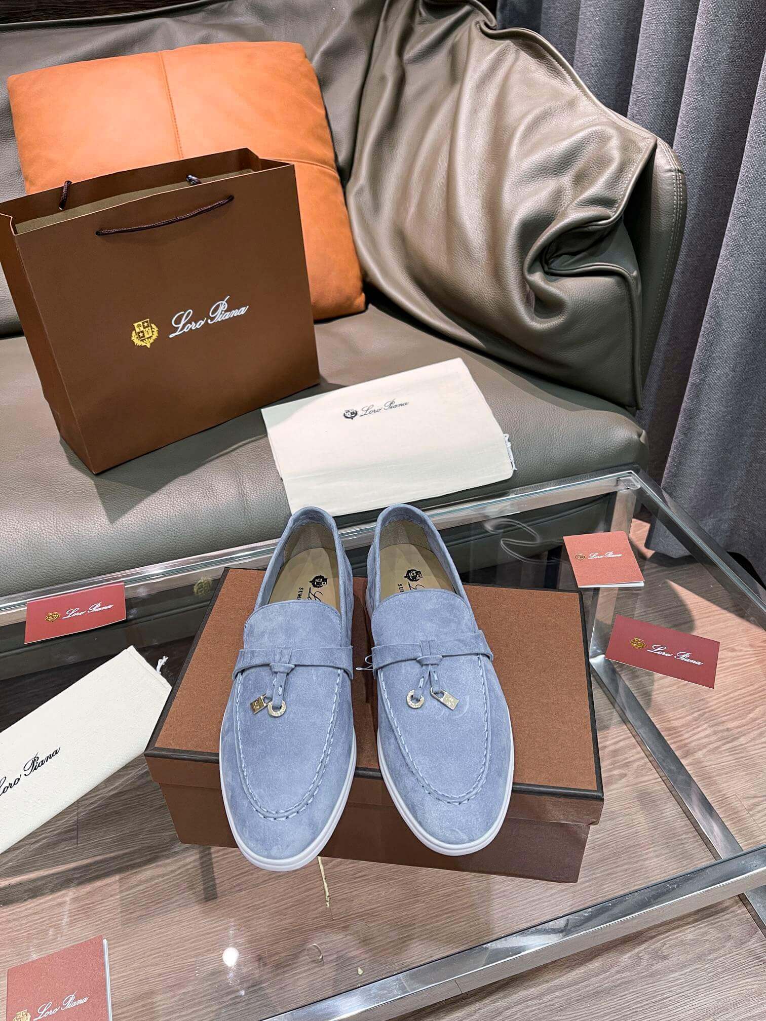 Loro Piana Unisex Summer Charms Walk Loafers - Light Grey/Blue Suede with white soles, displayed with packaging