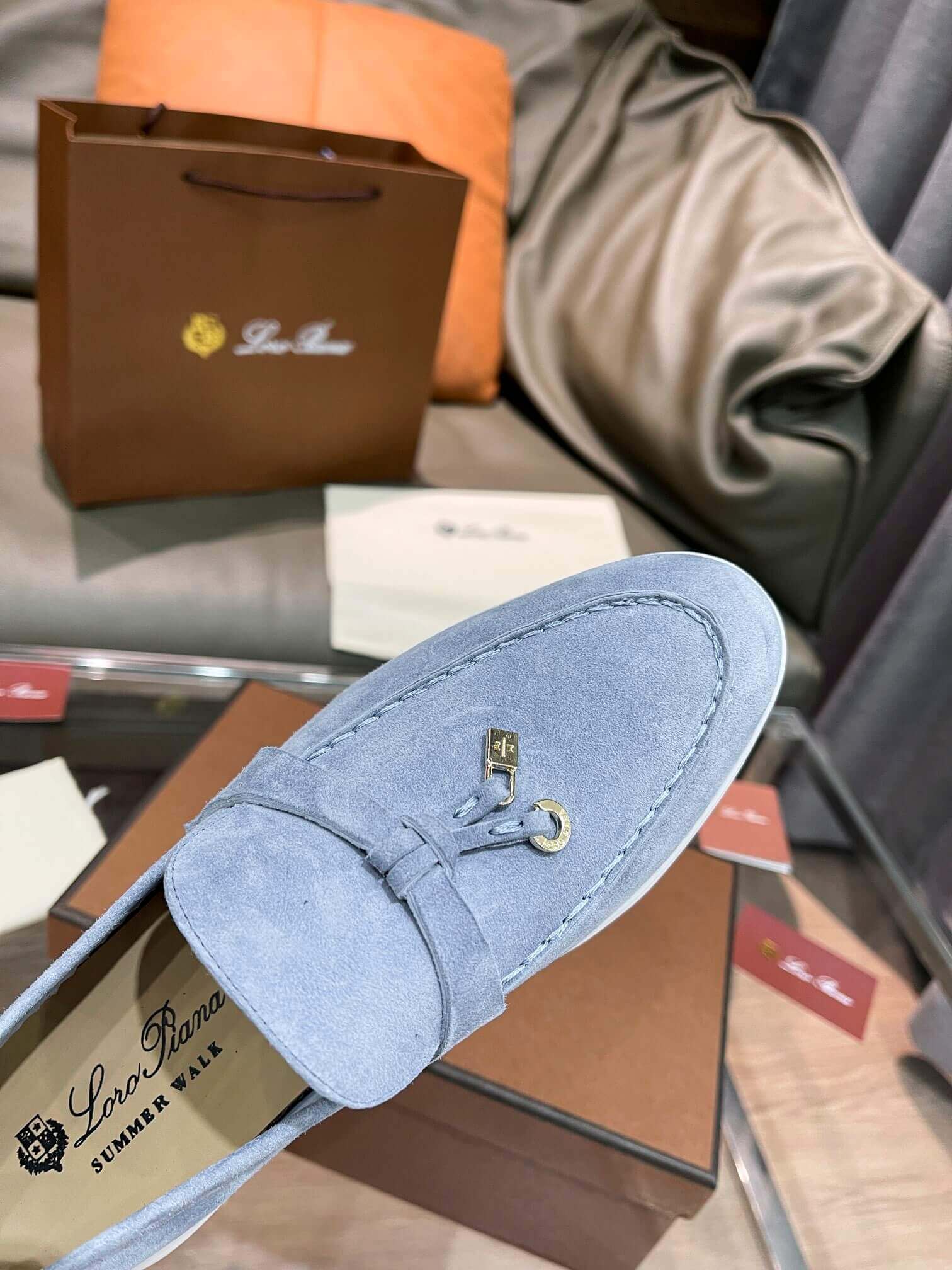 Loro Piana Unisex Summer Charms Walk Loafers - Light Grey/Blue Suede with white soles, displayed with packaging