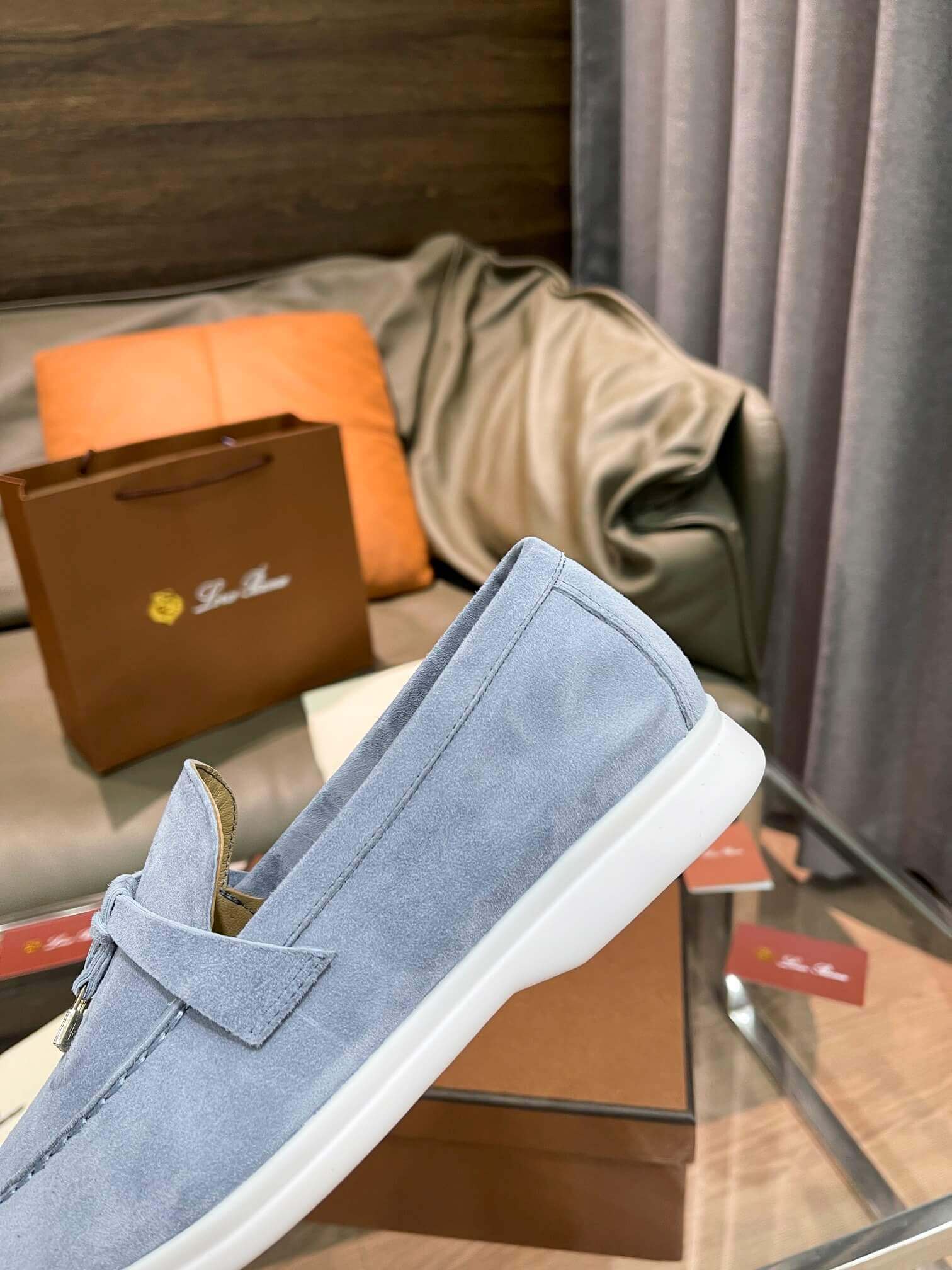 Loro Piana Unisex Summer Charms Walk Loafers - Light Grey/Blue Suede with white soles, displayed with packaging