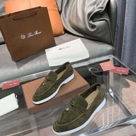 Loro Piana Unisex Summer Charms Walk Loafers - Military Green Suede with white soles, displayed with packaging