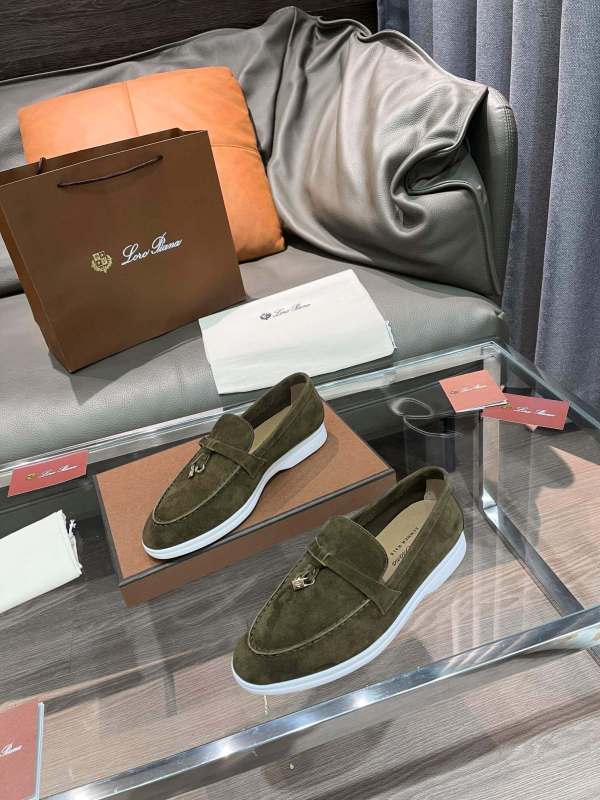 Loro Piana Unisex Summer Charms Walk Loafers - Military Green Suede with white soles, displayed with packaging