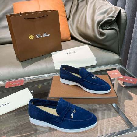 Loro Piana Unisex Summer Charms Walk Loafers - Navy Blue Suede with white soles, displayed with packaging