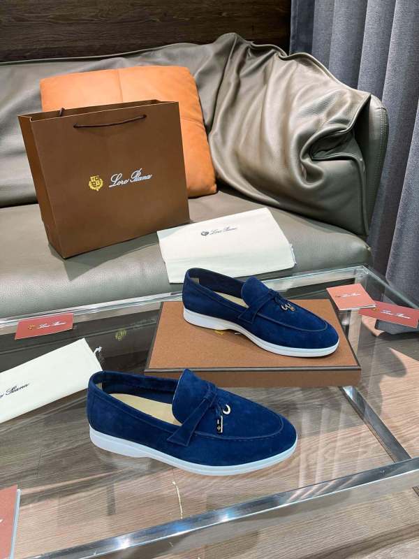 Loro Piana Unisex Summer Charms Walk Loafers - Navy Blue Suede with white soles, displayed with packaging