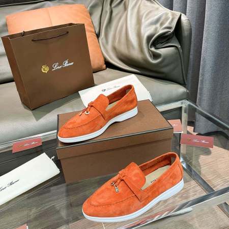 Loro Piana Unisex Summer Charms Walk Loafers - Orange Suede with white soles, displayed with packaging