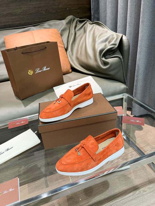 Loro Piana Unisex Summer Charms Walk Loafers - Orange Suede with white soles, displayed with packaging
