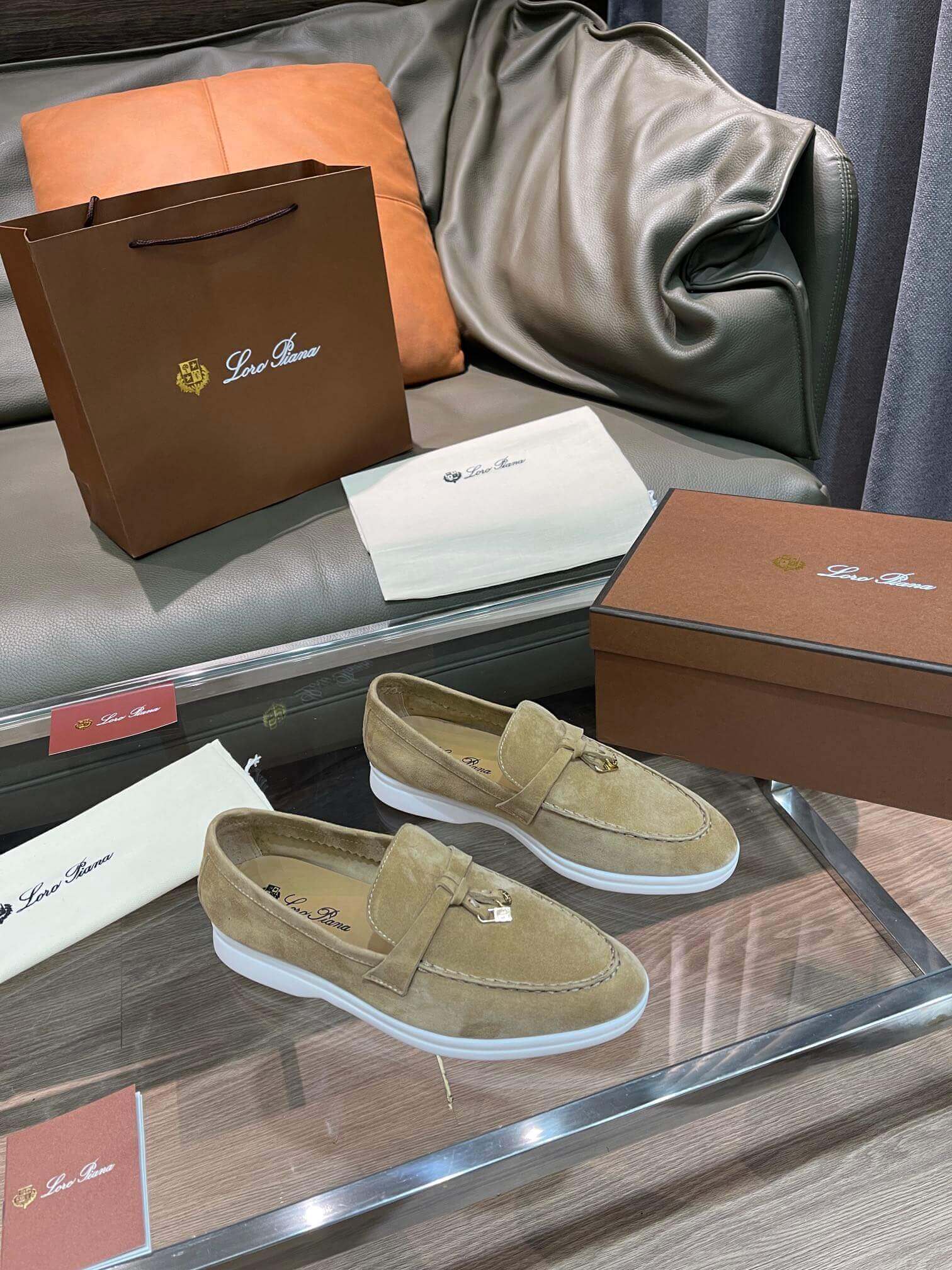 Loro Piana Unisex Summer Charms Walk Loafers - Tan Suede with white soles, displayed with packaging