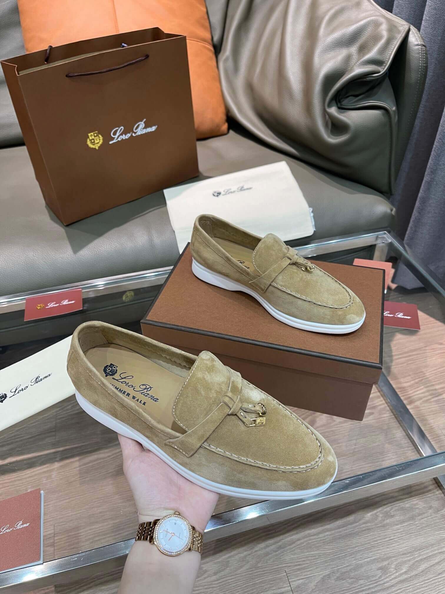 Loro Piana Unisex Summer Charms Walk Loafers - Tan Suede with white soles, displayed with packaging