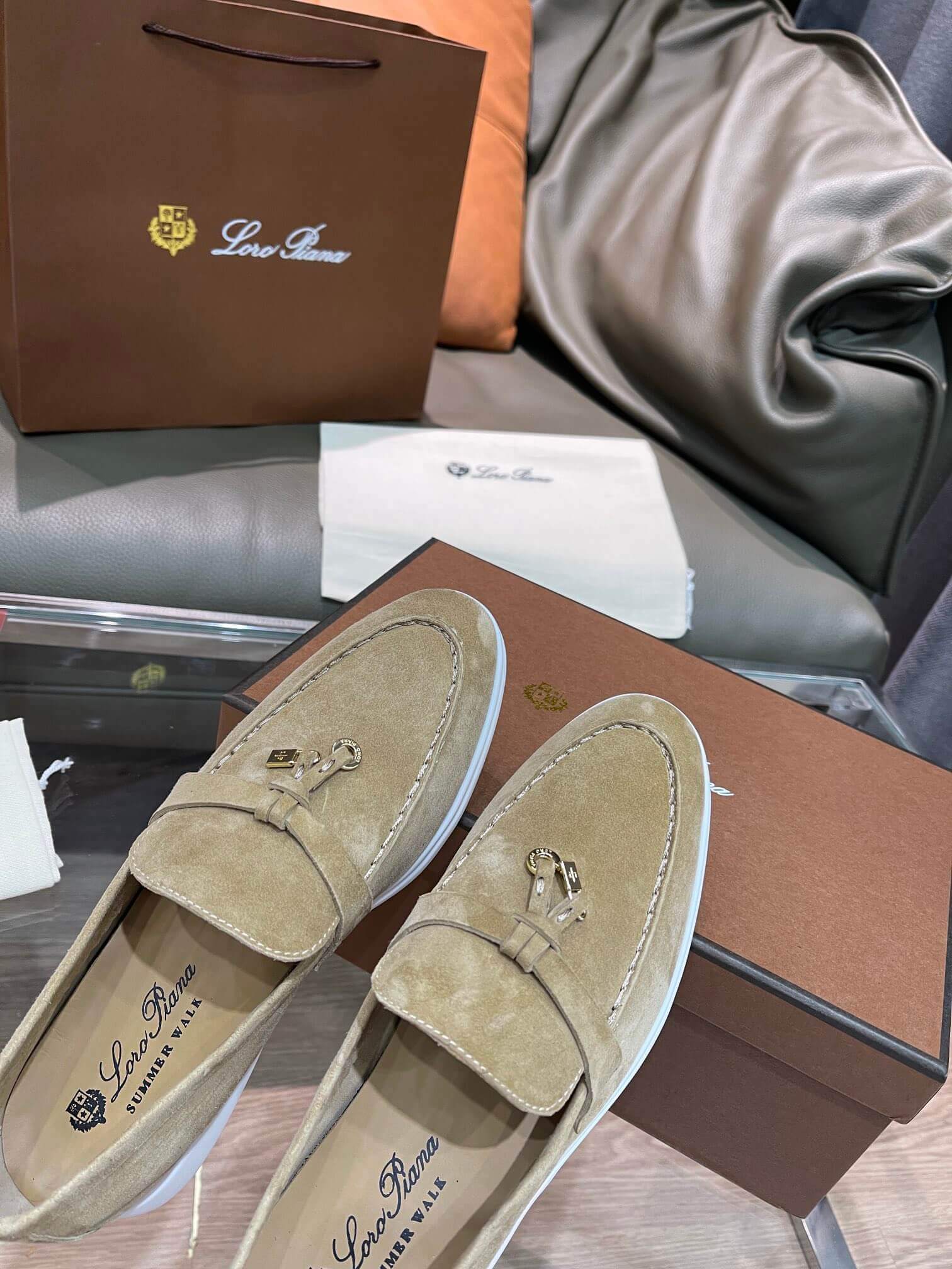 Loro Piana Unisex Summer Charms Walk Loafers - Tan Suede with white soles, displayed with packaging