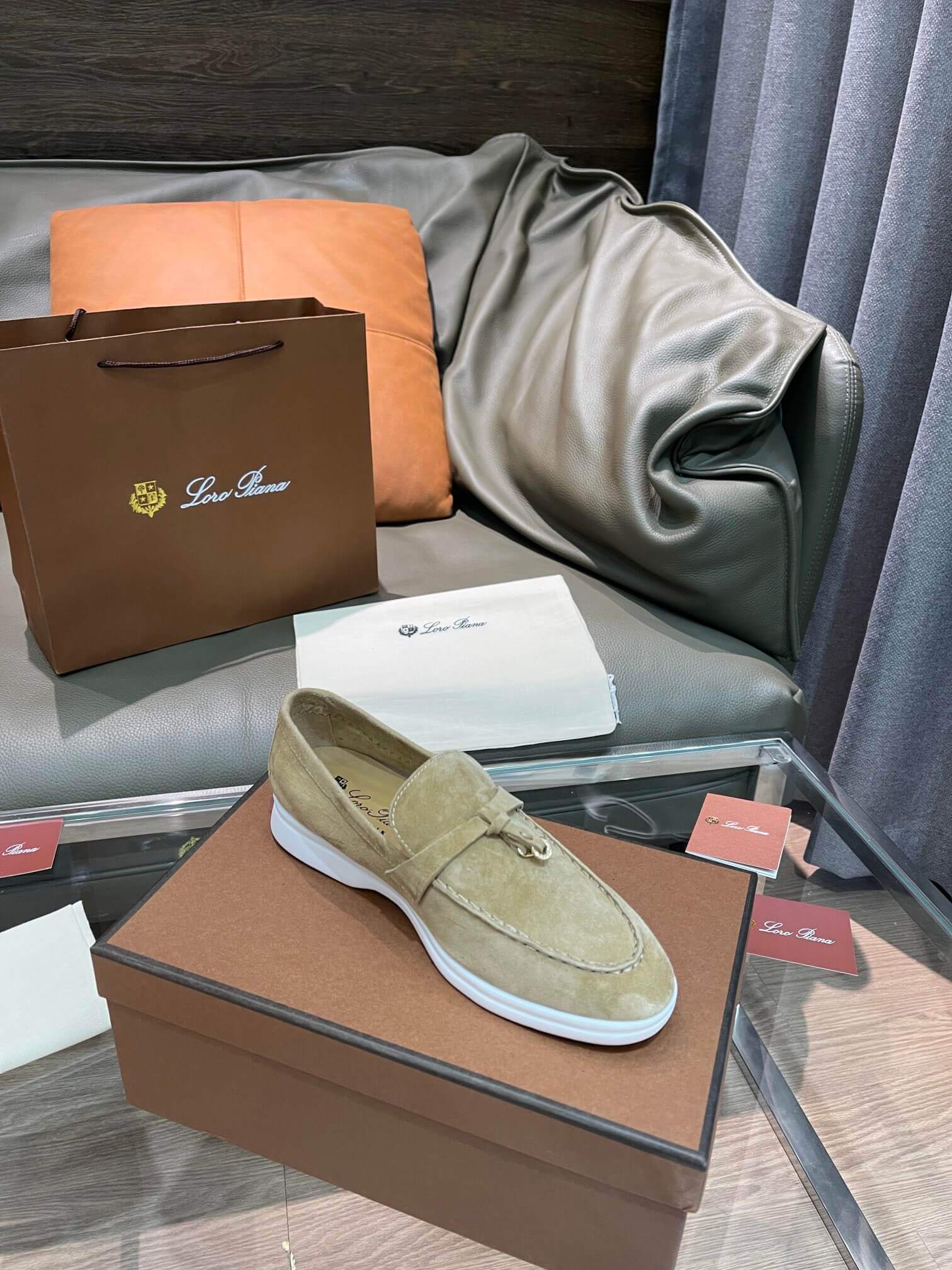 Loro Piana Unisex Summer Charms Walk Loafers - Tan Suede with white soles, displayed with packaging